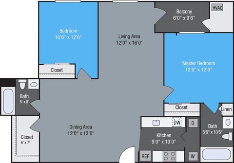Floor plan for 2 beds, 2 baths, 1133 sqft